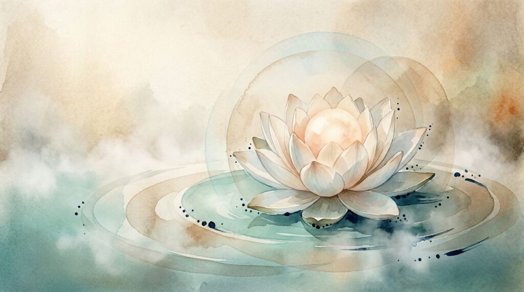 Yumuşak ışıkla açılan bir lotus ve meditatif suluboya halkaları